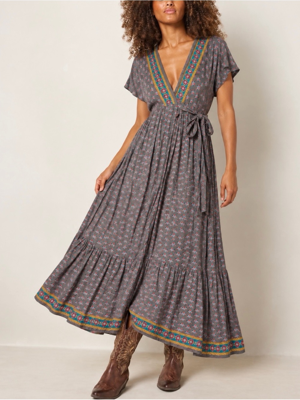 Natural Life Gray Floral Boho Wrap Maxi Dress Tiered Ruffle Border Print Medium
